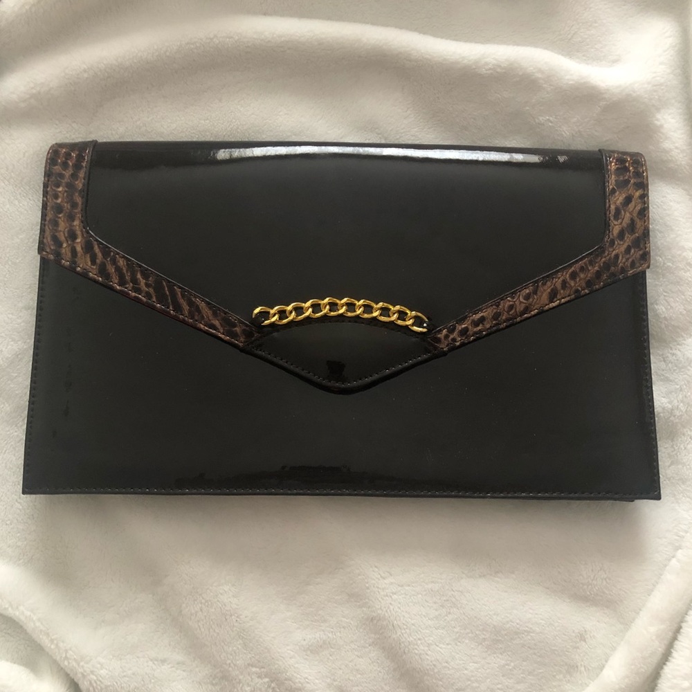 Dark brown patent leather clutch